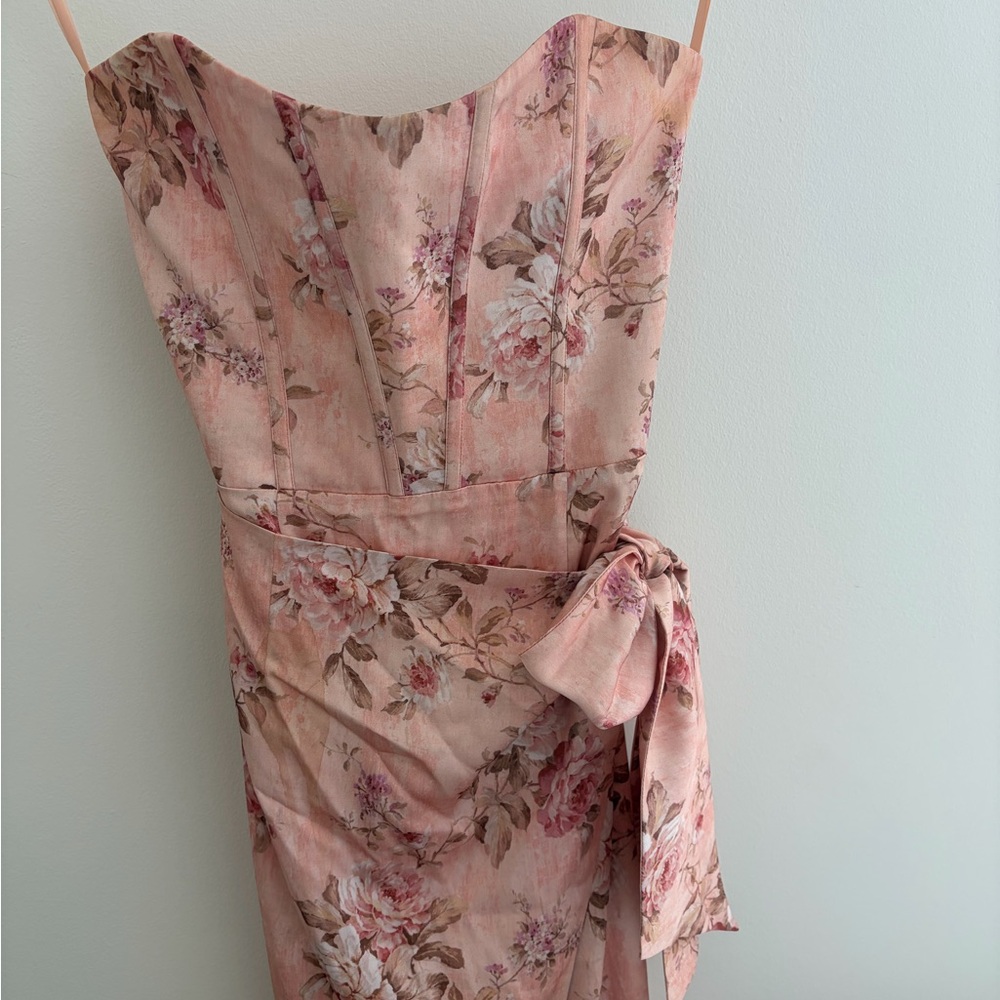 V. Chapman Strapless V. Chapman June Printed Corset Front-Slit Satin Gown - Picture 4 of 8